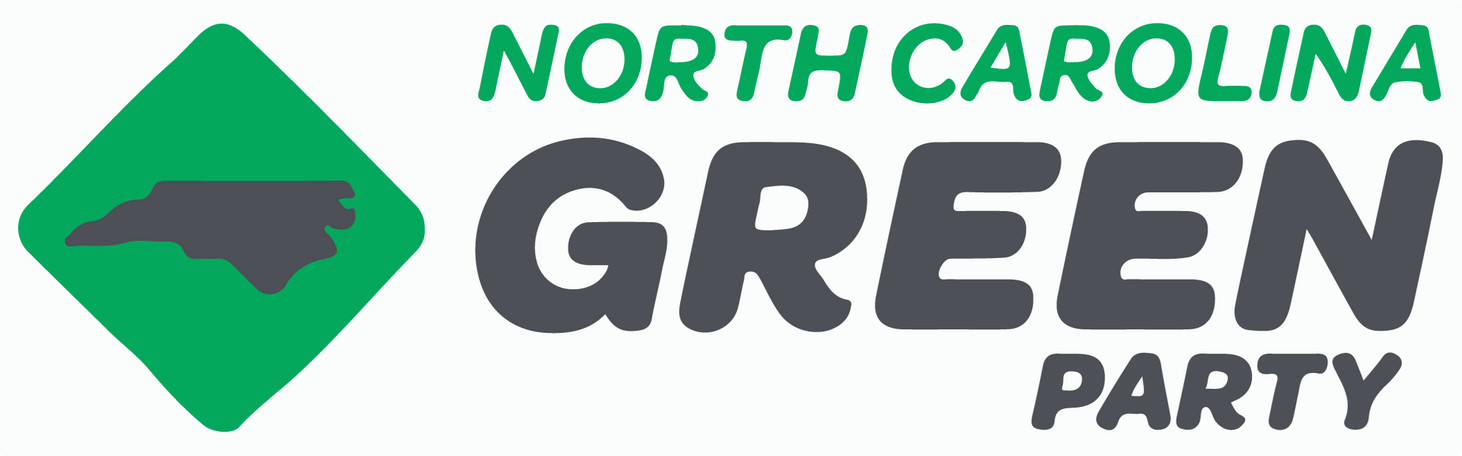 The North Carolina Green Party's logo. It pictures a green diamond with a grey outline of North Carolina in the center.